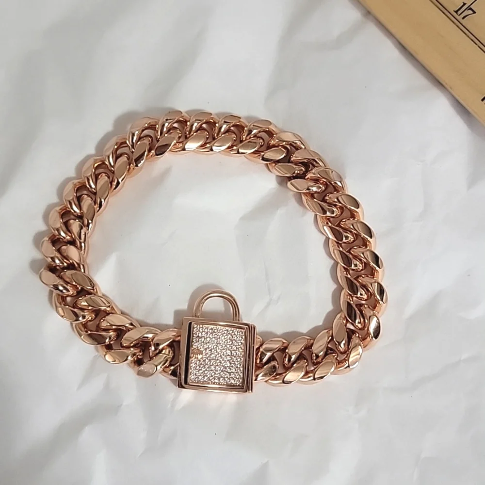 Nwt Rose Gold Chain Dog Collar Metal Stainless Steel Cuban Link 18k Gold Plated